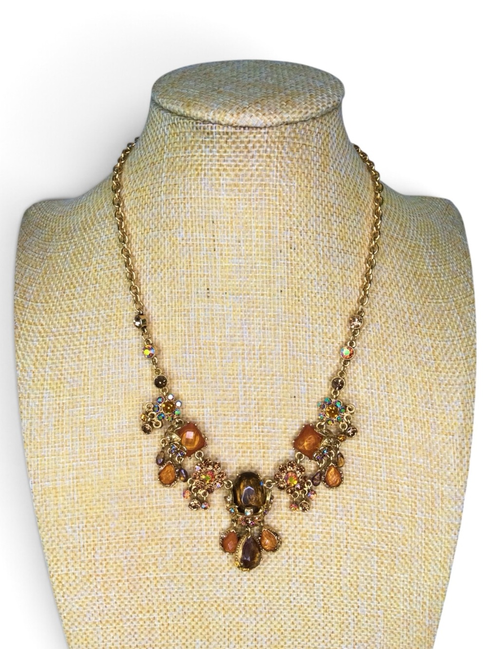 Amber & Aurora Borealis Crystal Statement Bib Necklace - Picture 4 of 15